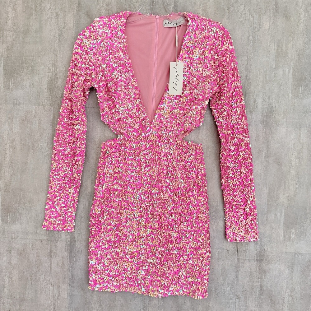 Petal + Pup Kelly Long Sleeve Sequin XS Mini Dress Pink Party Vegas Holidays NEW